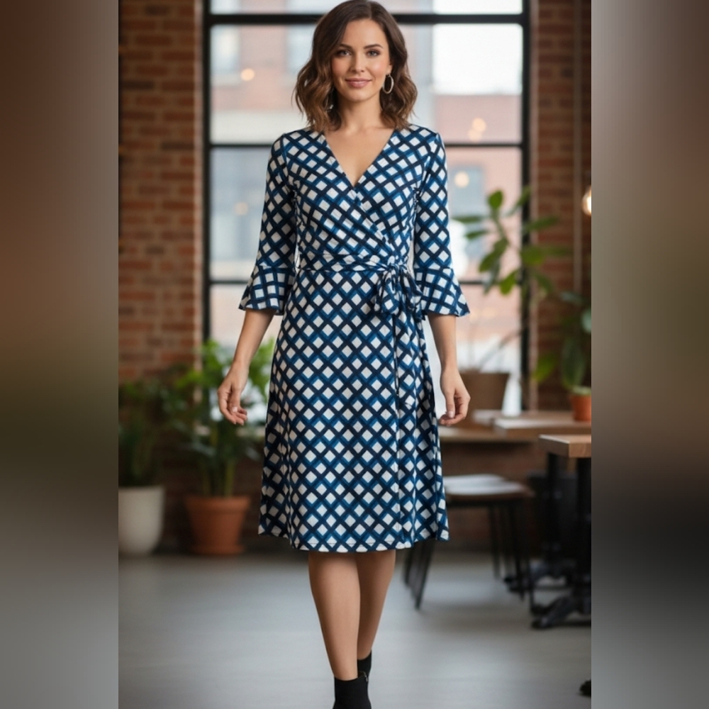 Banana Republic Blue & White Geometric Diamond Print  Dress with Bell Sleeves M